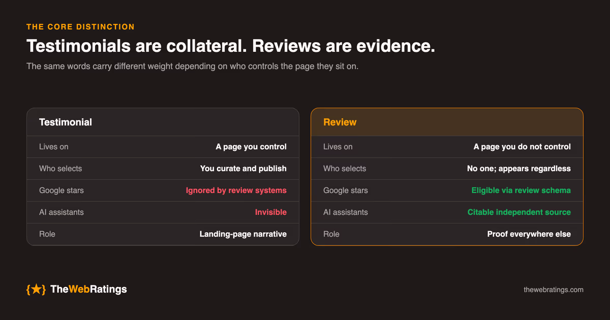 Comparison of testimonials and reviews: a testimonial is a curated quote on a page you control, ignored by Google's review systems and invisible to AI assistants, while a review lives on a page you do not control, is eligible for star ratings via review schema, and is a citable independent source for AI assistants.