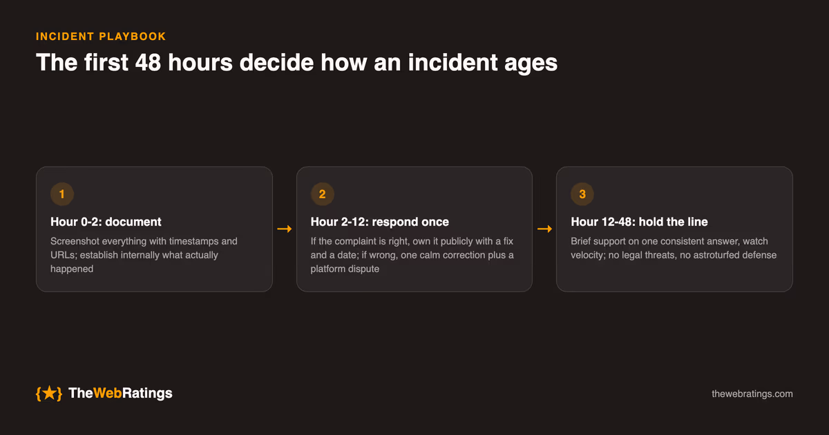 The 48-hour reputation incident playbook: in hours 0-2 screenshot everything with timestamps and establish what actually happened, in hours 2-12 respond once by owning a legitimate complaint with a fix and a date or posting one calm correction plus a platform dispute, and in hours 12-48 brief support on one consistent answer, watch velocity, and avoid legal threats and astroturfed defenses.